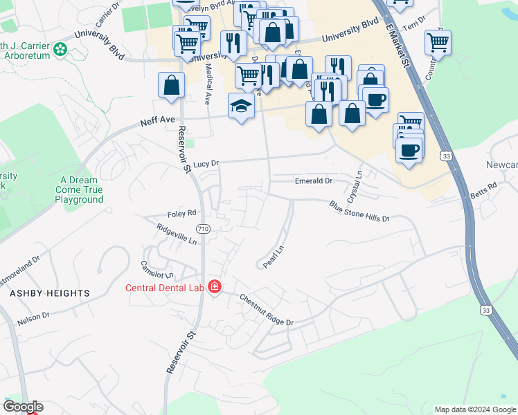 map of restaurants, bars, coffee shops, grocery stores, and more near 2219 Deyerle Avenue in Harrisonburg