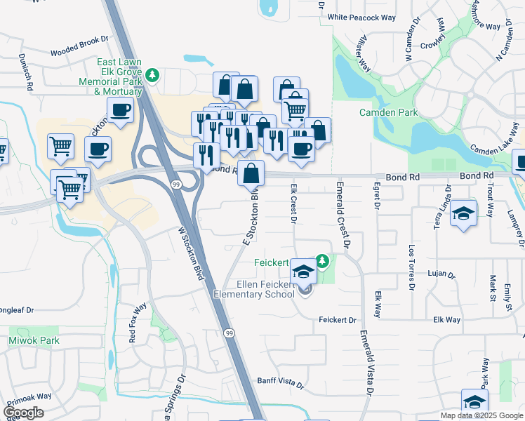 map of restaurants, bars, coffee shops, grocery stores, and more near 9220 East Stockton Boulevard in Elk Grove