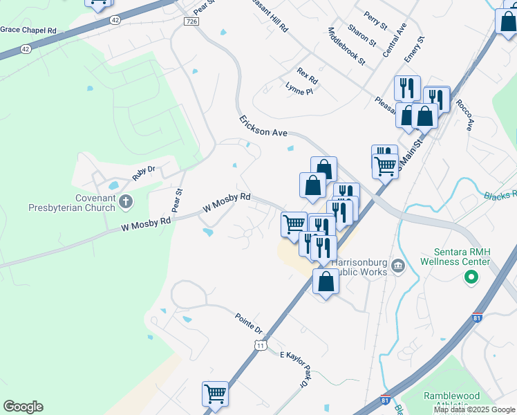 map of restaurants, bars, coffee shops, grocery stores, and more near 2415 Mosby Court in Harrisonburg