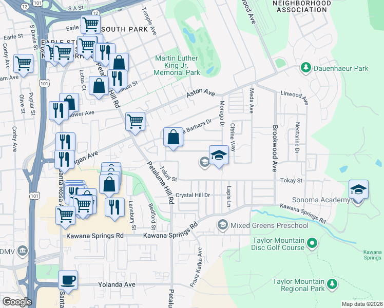 map of restaurants, bars, coffee shops, grocery stores, and more near 970 San Clemente Drive in Santa Rosa