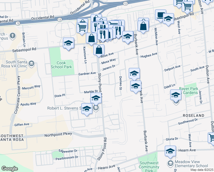 map of restaurants, bars, coffee shops, grocery stores, and more near 1184 Mancini Street in Santa Rosa