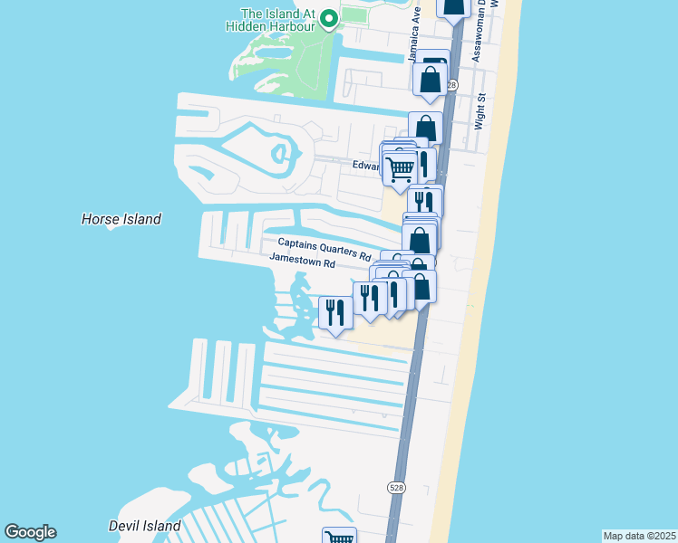 map of restaurants, bars, coffee shops, grocery stores, and more near 131 Captains Quarters Road in Ocean City