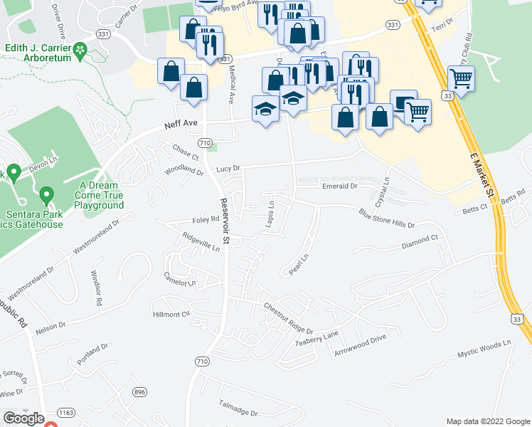 map of restaurants, bars, coffee shops, grocery stores, and more near 386 Blue Stone Hills Drive in Harrisonburg