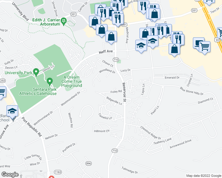 map of restaurants, bars, coffee shops, grocery stores, and more near 660 White Oak Circle in Harrisonburg