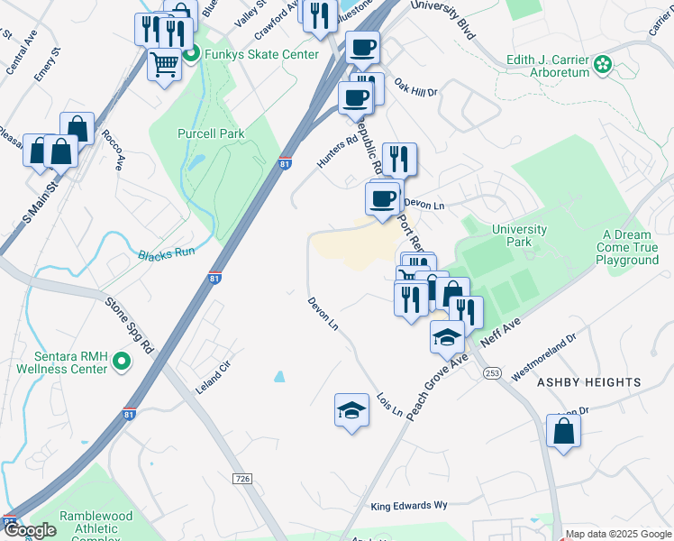 map of restaurants, bars, coffee shops, grocery stores, and more near 1380 Devon Lane in Harrisonburg