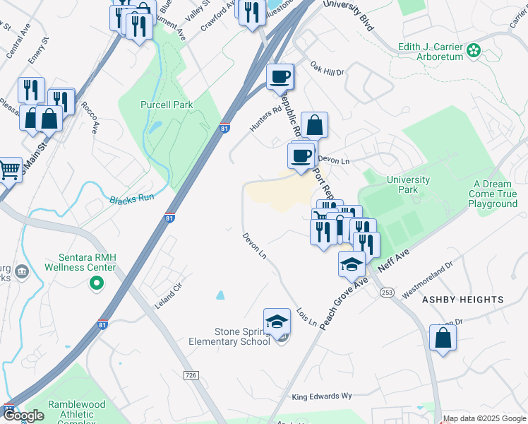 map of restaurants, bars, coffee shops, grocery stores, and more near 1380 Devon Lane in Harrisonburg