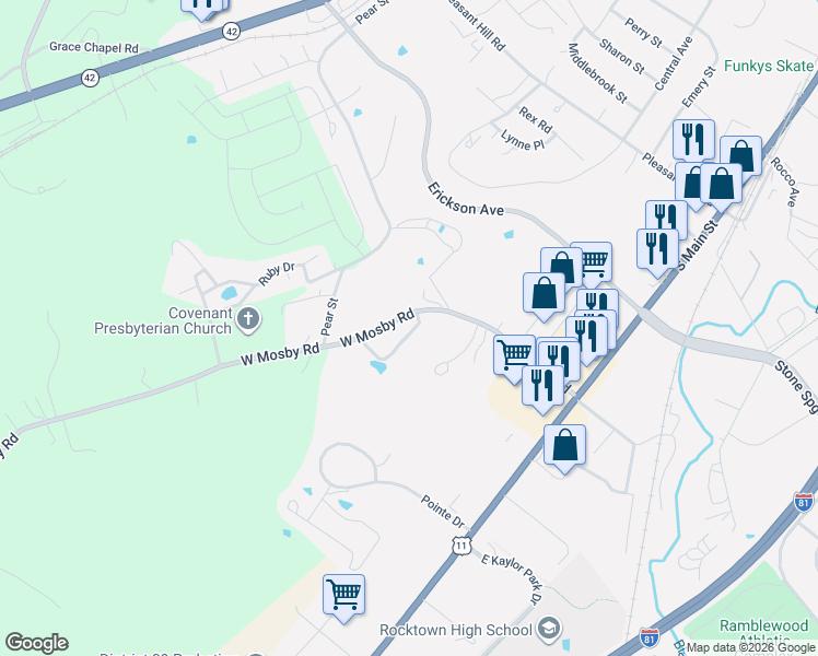 map of restaurants, bars, coffee shops, grocery stores, and more near 212-262 West Mosby Road in Harrisonburg
