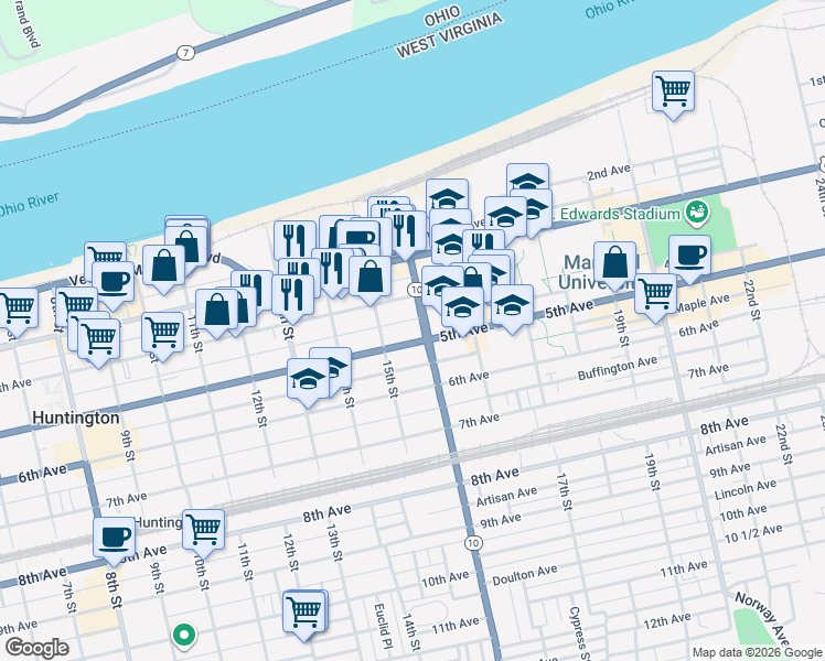 map of restaurants, bars, coffee shops, grocery stores, and more near 1533 4th Avenue in Huntington
