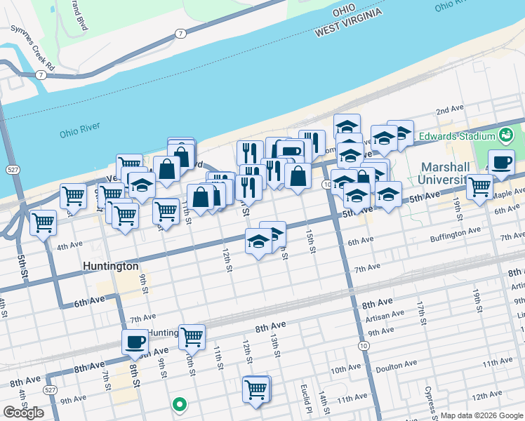 map of restaurants, bars, coffee shops, grocery stores, and more near 335 14th Street in Huntington