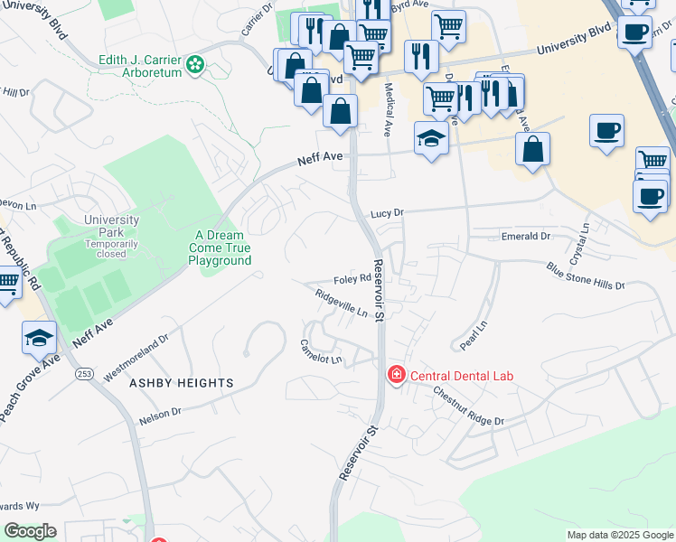 map of restaurants, bars, coffee shops, grocery stores, and more near 735 Foley Road in Harrisonburg