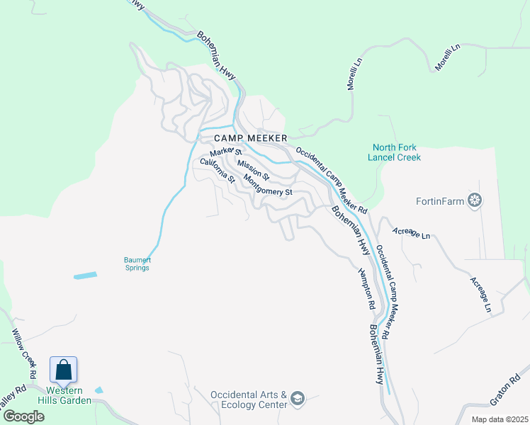 map of restaurants, bars, coffee shops, grocery stores, and more near 59 Van Ness Avenue in Camp Meeker