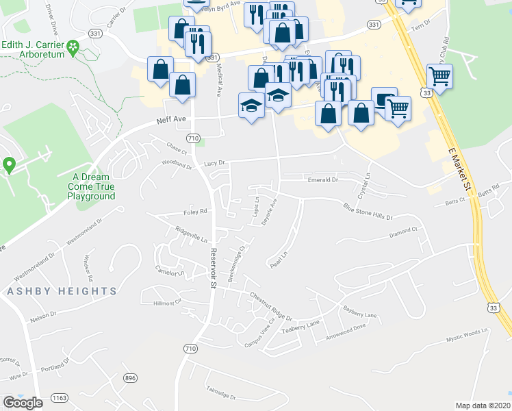 map of restaurants, bars, coffee shops, grocery stores, and more near Lapis Lane in Harrisonburg