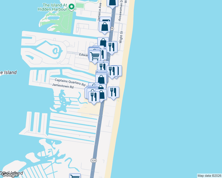 map of restaurants, bars, coffee shops, grocery stores, and more near 11700 Maryland 528 in Ocean City