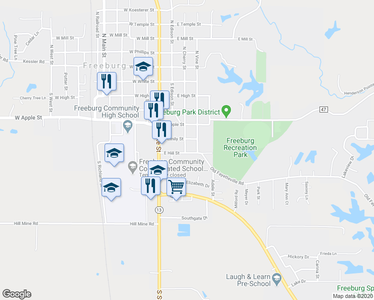 map of restaurants, bars, coffee shops, grocery stores, and more near in Freeburg