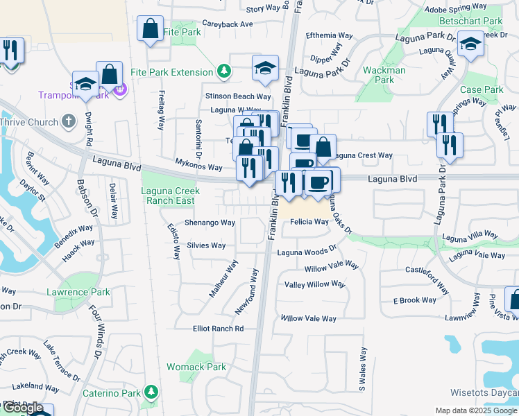 map of restaurants, bars, coffee shops, grocery stores, and more near 9465 Laguna Pointe Way in Elk Grove