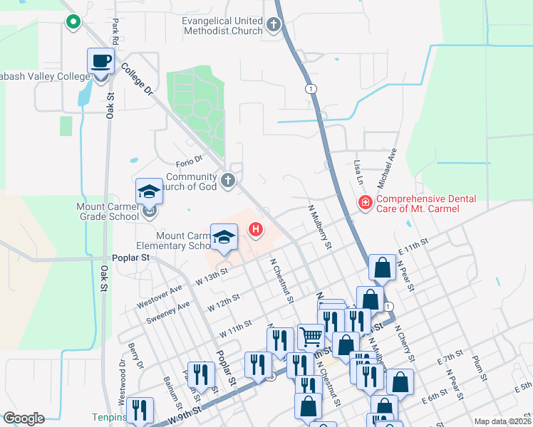map of restaurants, bars, coffee shops, grocery stores, and more near 1401 North Market Street in Mount Carmel