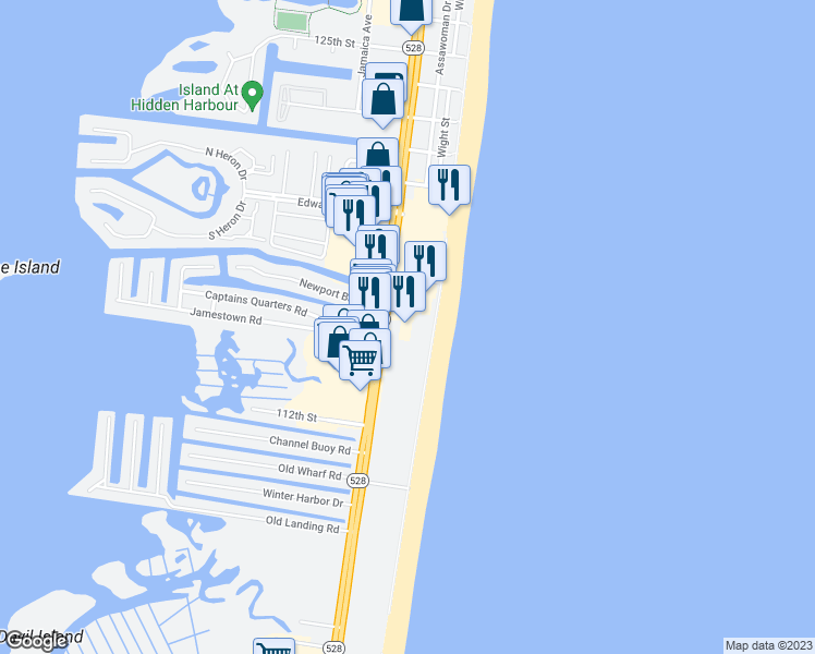 map of restaurants, bars, coffee shops, grocery stores, and more near 11604 Coastal Highway in Ocean City