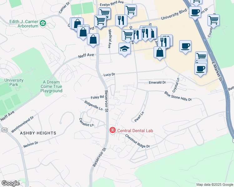 map of restaurants, bars, coffee shops, grocery stores, and more near 2266 Purple and Gold Way in Harrisonburg