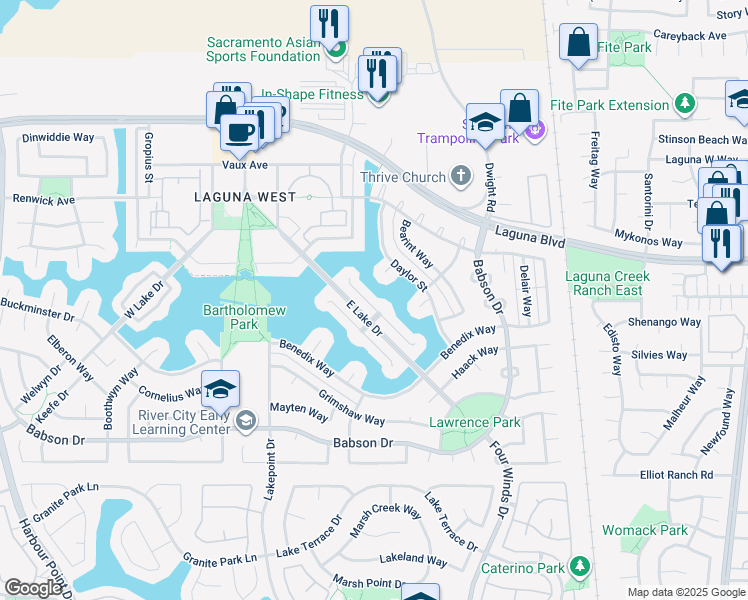 map of restaurants, bars, coffee shops, grocery stores, and more near 3423 East Island Court in Elk Grove