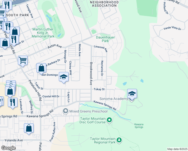 map of restaurants, bars, coffee shops, grocery stores, and more near 302 Brookwood Avenue in Santa Rosa