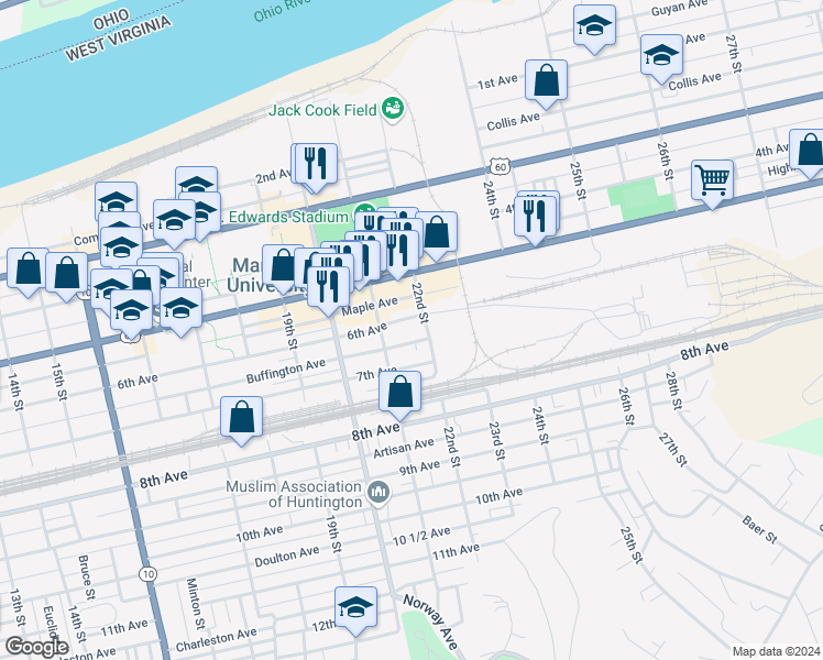 map of restaurants, bars, coffee shops, grocery stores, and more near 545 22nd Street in Huntington