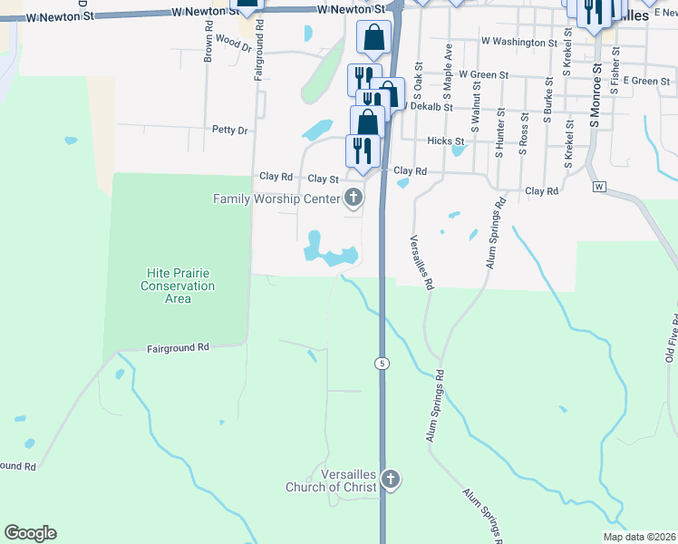 map of restaurants, bars, coffee shops, grocery stores, and more near 801 South 2nd Street in Versailles