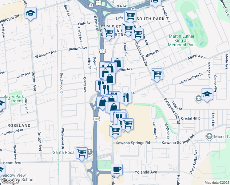 map of restaurants, bars, coffee shops, grocery stores, and more near 1600 Santa Rosa Avenue in Santa Rosa