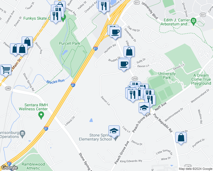 map of restaurants, bars, coffee shops, grocery stores, and more near 1446 Devon Lane in Harrisonburg