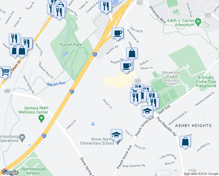 map of restaurants, bars, coffee shops, grocery stores, and more near 1448 Devon Lane in Harrisonburg
