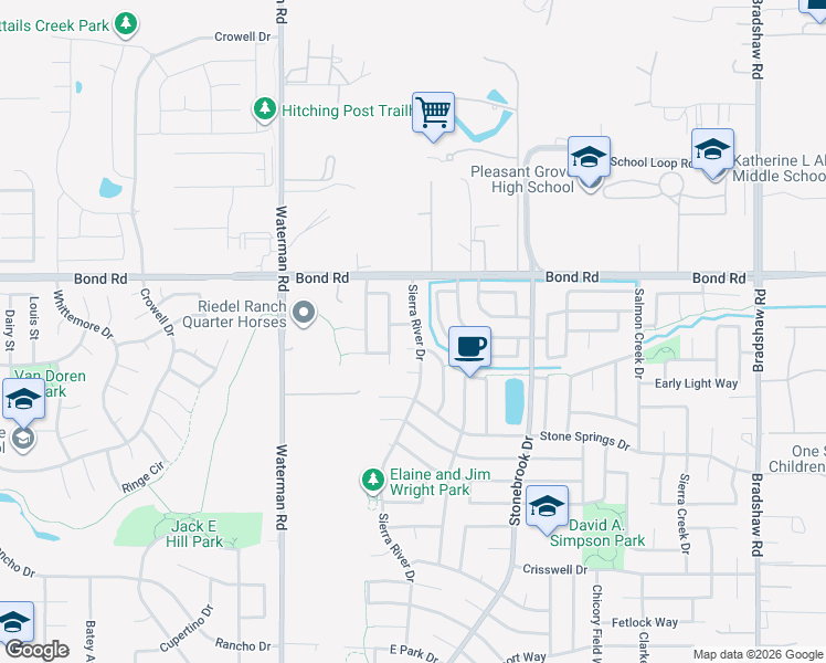 map of restaurants, bars, coffee shops, grocery stores, and more near 9220 Sierra River Drive in Elk Grove