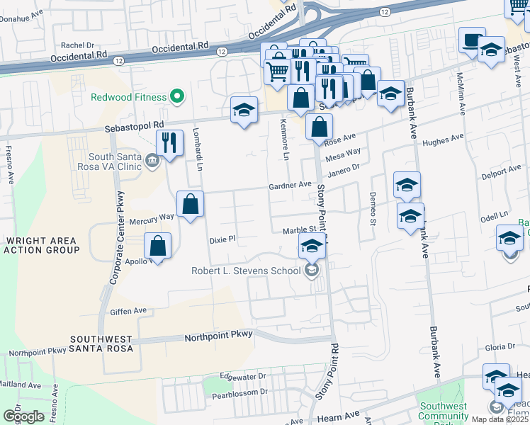 map of restaurants, bars, coffee shops, grocery stores, and more near 1201 Marble Street in Santa Rosa