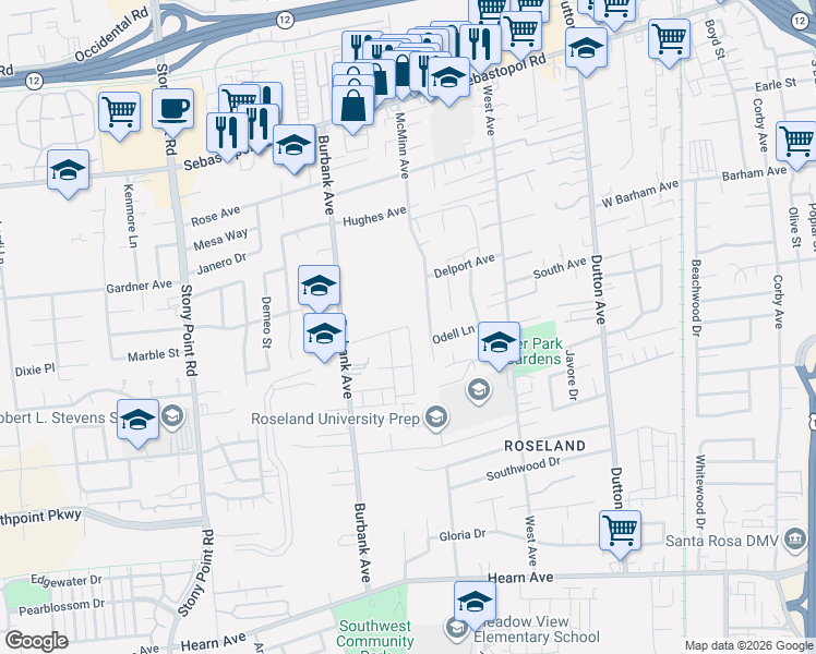 map of restaurants, bars, coffee shops, grocery stores, and more near 1349 McMinn Avenue in Santa Rosa