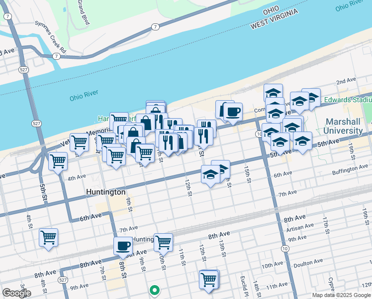map of restaurants, bars, coffee shops, grocery stores, and more near 320 12th St in Huntington