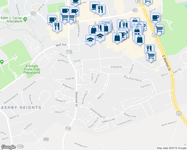 map of restaurants, bars, coffee shops, grocery stores, and more near 346 Blue Stone Hills Drive in Harrisonburg