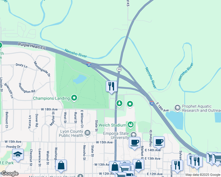map of restaurants, bars, coffee shops, grocery stores, and more near 1839 Merchant Street in Emporia