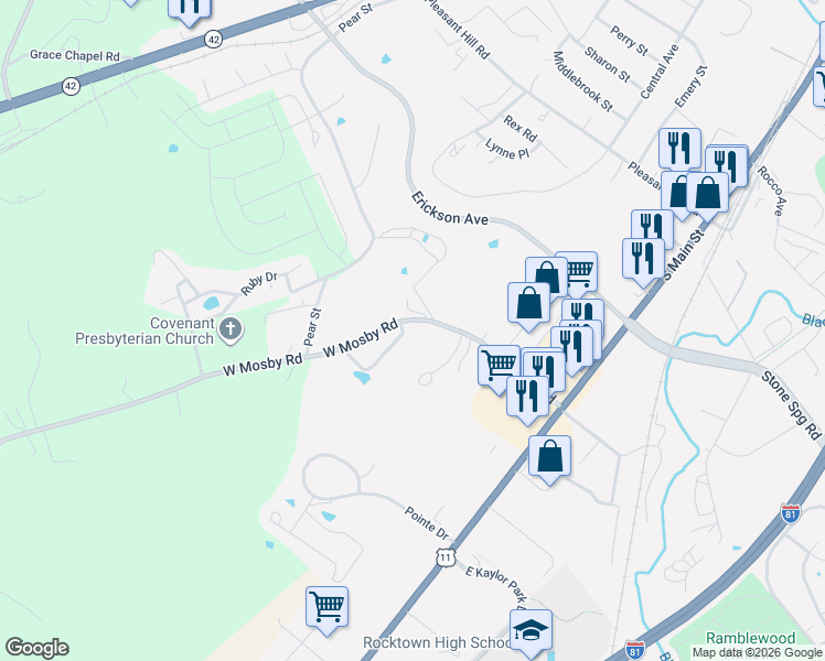 map of restaurants, bars, coffee shops, grocery stores, and more near 2437 Mosby Court in Harrisonburg