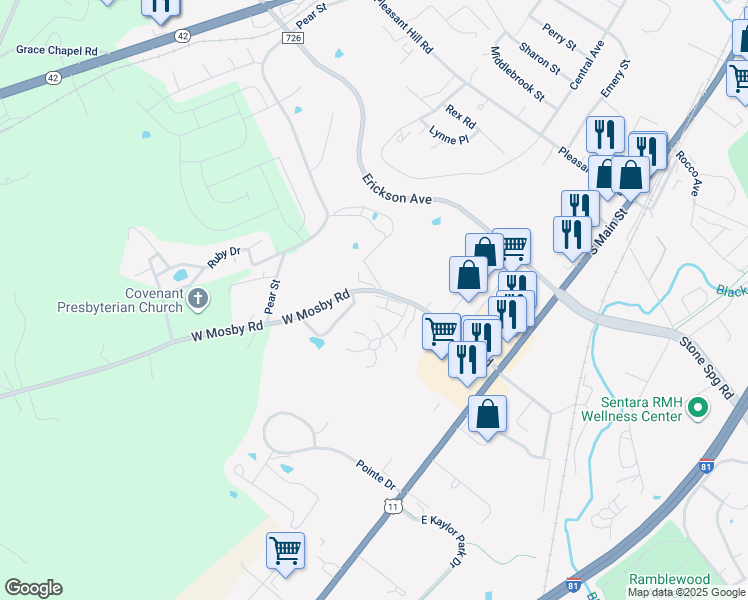 map of restaurants, bars, coffee shops, grocery stores, and more near 2437 Mosby Court in Harrisonburg