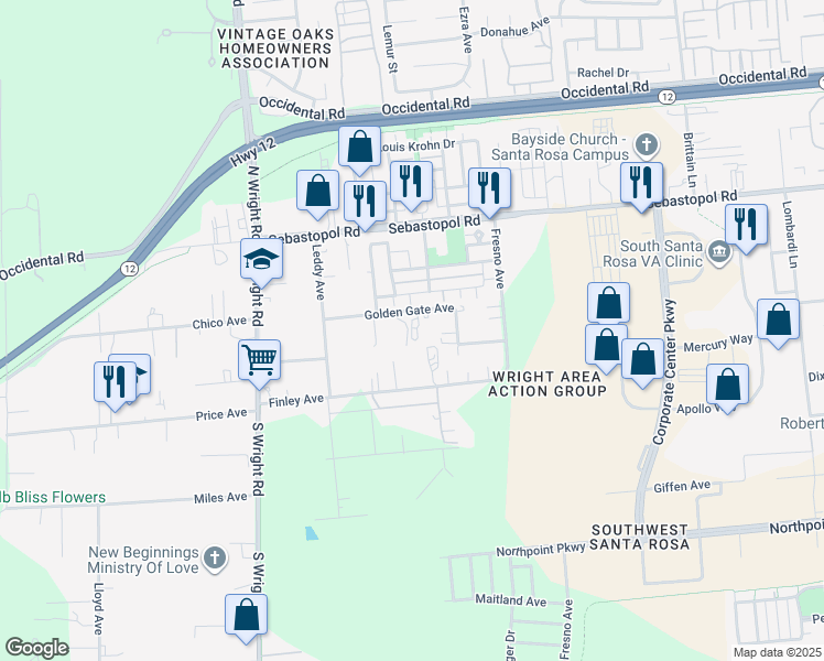 map of restaurants, bars, coffee shops, grocery stores, and more near 3870 Golden Gate Ave in Santa Rosa