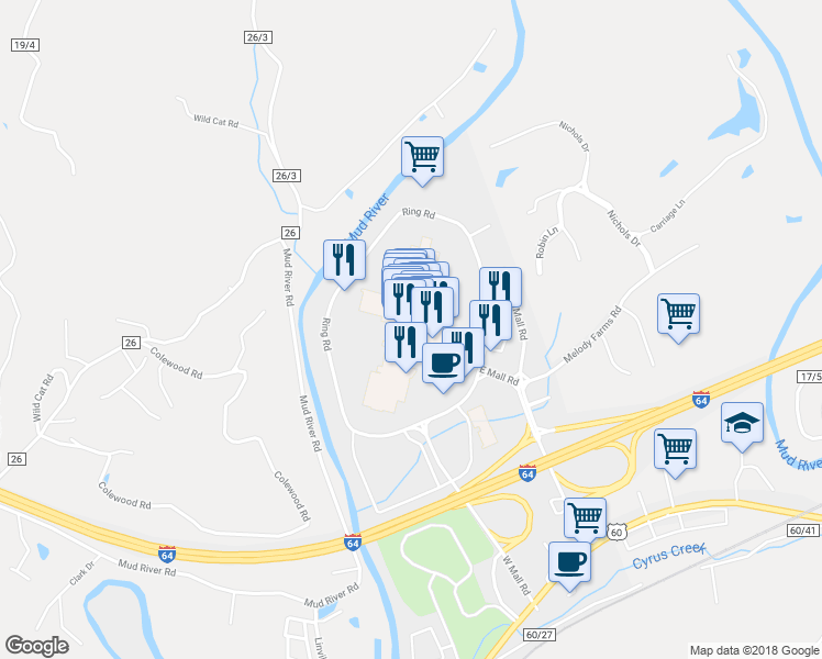 map of restaurants, bars, coffee shops, grocery stores, and more near 300 Mall Road in Barboursville