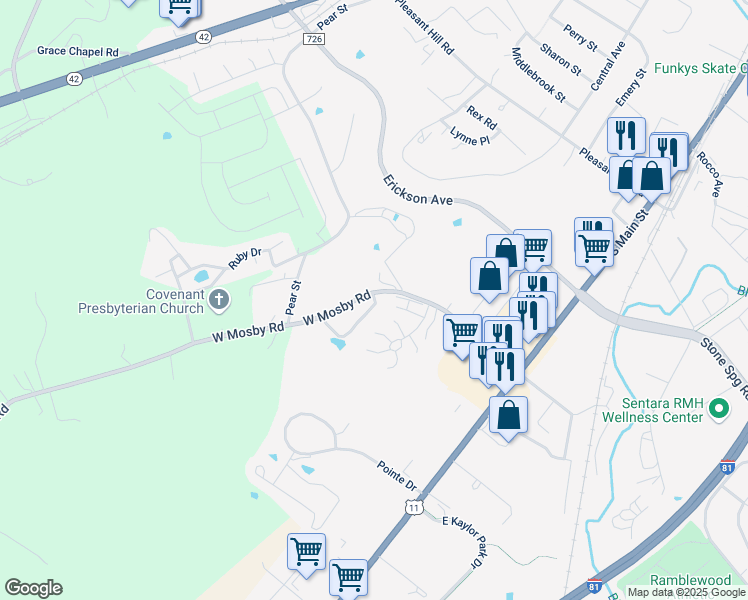 map of restaurants, bars, coffee shops, grocery stores, and more near 211 West Mosby Road in Harrisonburg