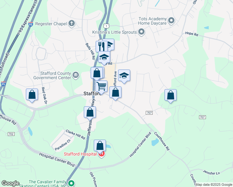 map of restaurants, bars, coffee shops, grocery stores, and more near 4 Stafford Avenue in Stafford