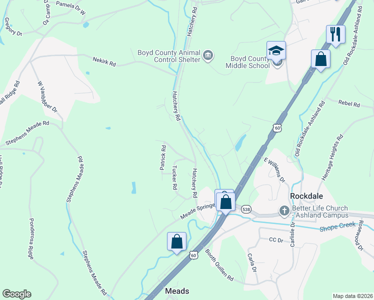 map of restaurants, bars, coffee shops, grocery stores, and more near 7427 Hatchery Road in Ashland