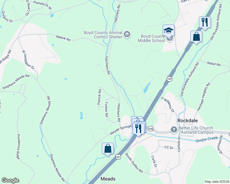 map of restaurants, bars, coffee shops, grocery stores, and more near 7427 Hatchery Road in Ashland