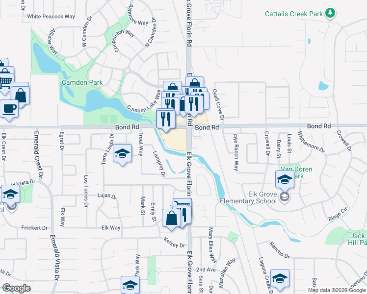 map of restaurants, bars, coffee shops, grocery stores, and more near 9240 Elk Grove Florin Road in Elk Grove