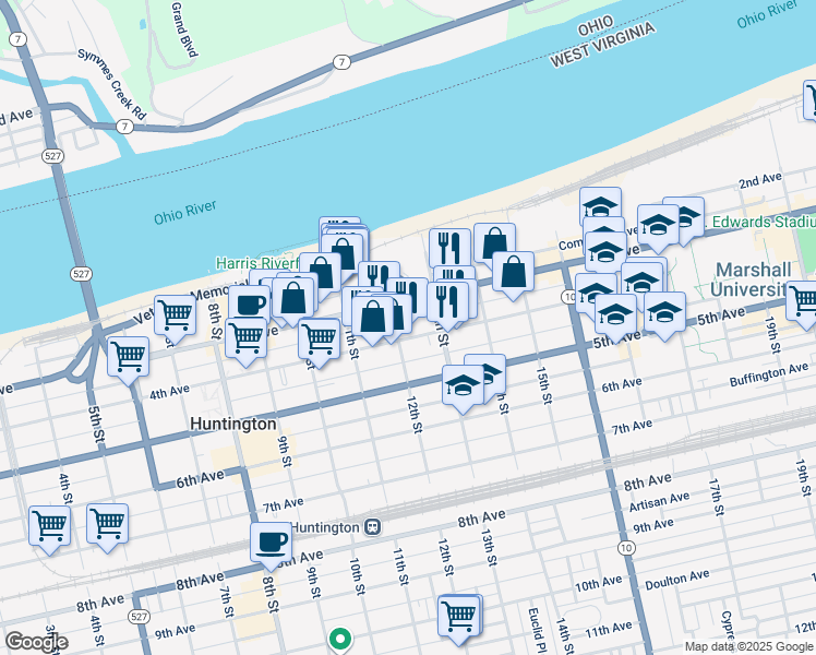 map of restaurants, bars, coffee shops, grocery stores, and more near 320 12th St in Huntington