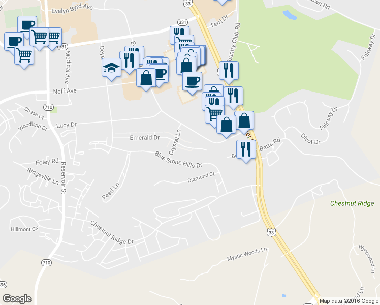 map of restaurants, bars, coffee shops, grocery stores, and more near 172 Emerald Drive in Harrisonburg