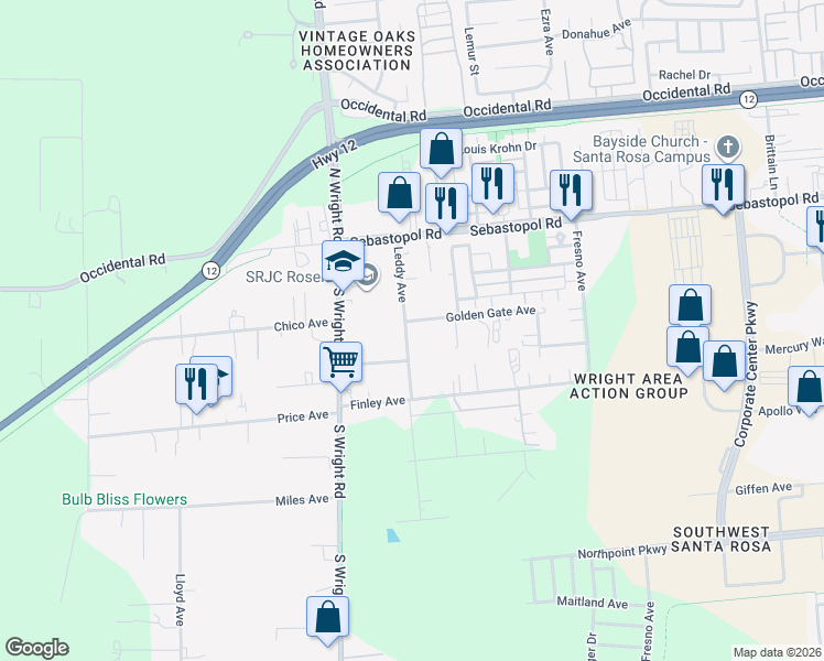 map of restaurants, bars, coffee shops, grocery stores, and more near 966 Leddy Avenue in Santa Rosa