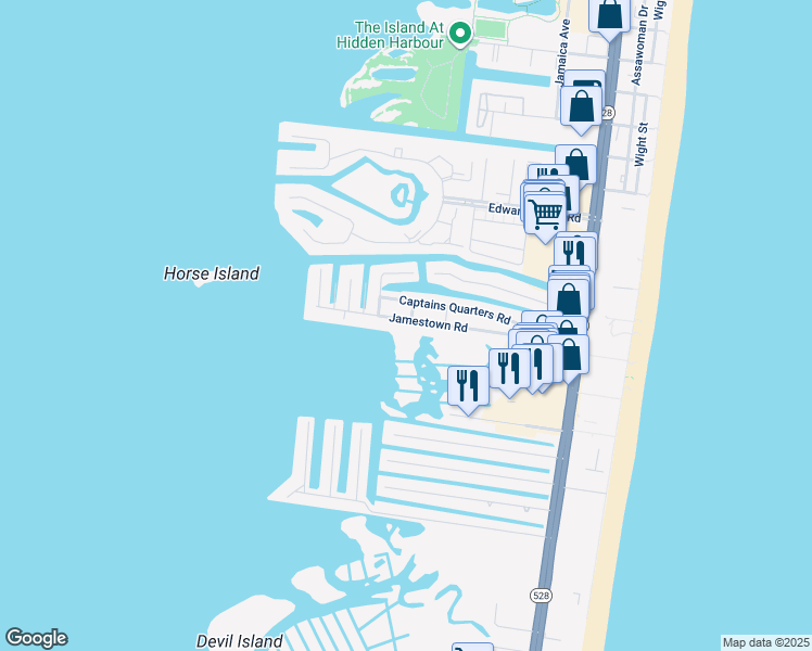 map of restaurants, bars, coffee shops, grocery stores, and more near 160 Jamestown Road in Ocean City