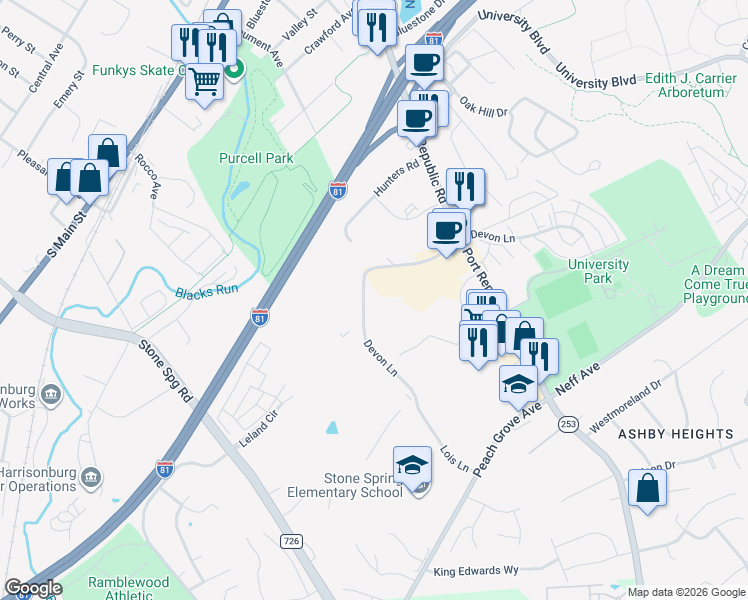 map of restaurants, bars, coffee shops, grocery stores, and more near 1426 Devon Lane in Harrisonburg