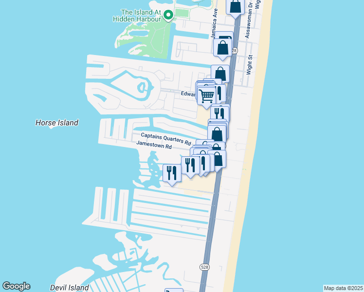 map of restaurants, bars, coffee shops, grocery stores, and more near 130 Jamestown Road in Ocean City